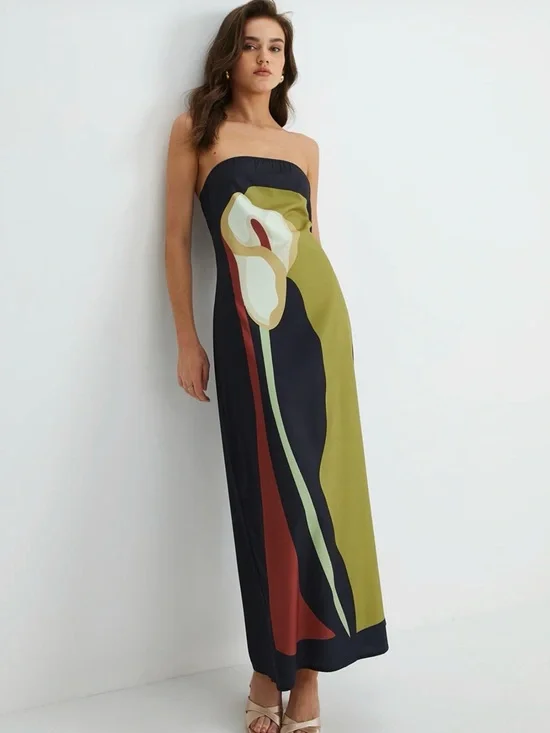 Commense Strapless Maxi Dress in Olive, Black & Cream Floral - Picture 1 of 9
